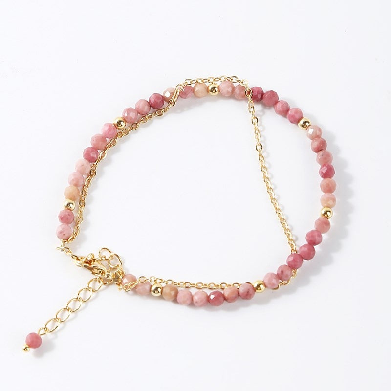 JD 3mm Natural Faceted Rhodochrosite Agate Double Layer Bracelet Women Gold Color Chain Semi-Precious Jewelry Thin Bangles Gifts