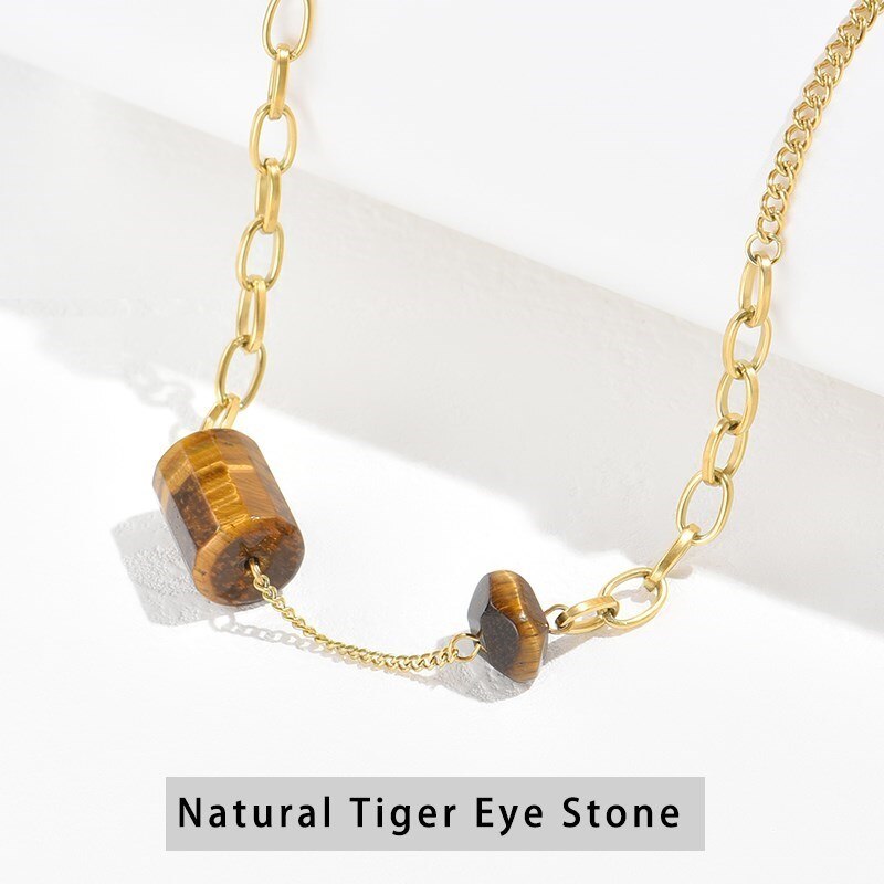 CHANGE BETTER Gold Color Stainless Steel Necklace Women Trendy Natural Stone Tiger Eye Amethyst Charm Chain Choker Jewelry Gifts