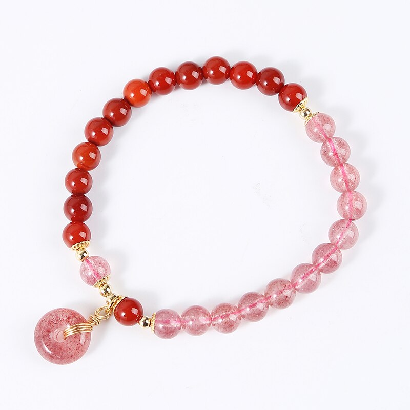 JD Natural Stone Red Agate Strawberry Quartz Bead Bracelets Women Peace Buckle Charm Rope Strand Bangles Girls Wristband Jewelry