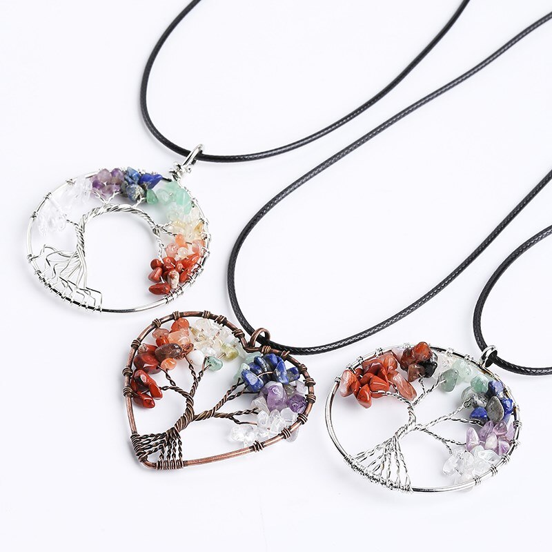 JD Natural Quartz Stone Tree of Life Pendulum Pendant Necklace Women Multicolor Seven Chakras Rope Crystal Reiki Healing Jewelry