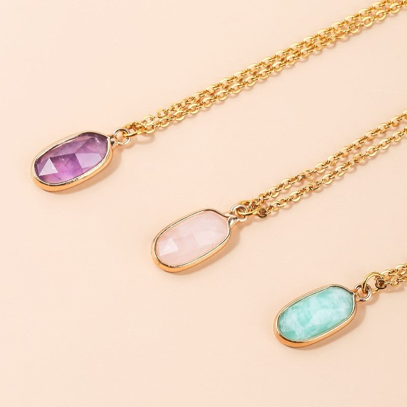 JD Natural Stone Pink Quartz Tiny Pendant Necklace Faceted Oval Shape Amethysts Stainless Steel Charm Healing Choker Girls Gift