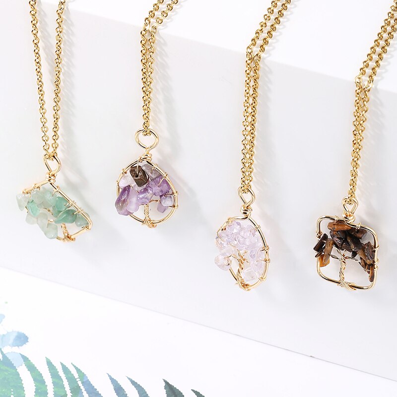 JD Natural Crystal Gravel Beads Tree of Lift Pendant Necklace Reiki Healing Amethysts Chip Stone Braided copper wire Jewelry