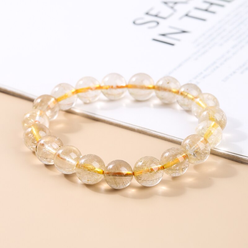 JD Natural Ice Gold Color Rutilated Quartz Bead Bracelet Women Fashion Reiki Healing Crystal Clear Bead Strand Bangles Gifts