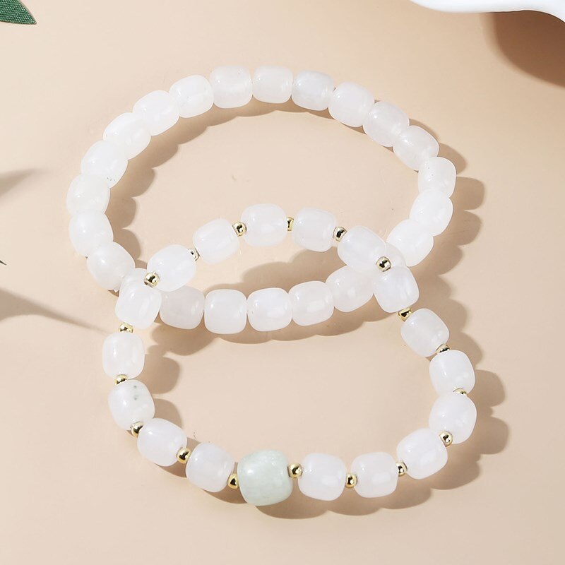 JD Natural White Jade Barrel Shape Beads Bracelet Women Fashion Golden Separator Handmade Elastic Reiki Stone Wrist Bangles