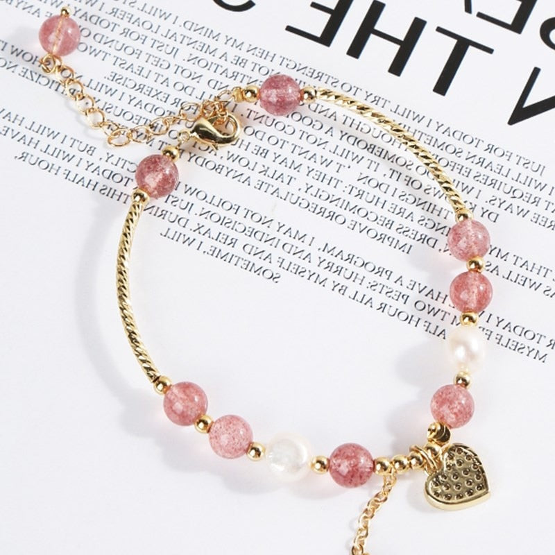 JD Natural Strawberry Quartz Crystal Beaded Bracelets Women Fashion Love Heart Gold Color Stainless Steel Crystal Bangles Gifts