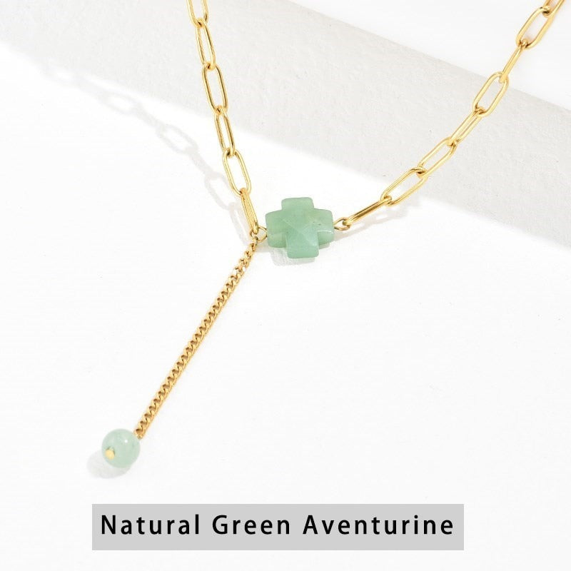 CHANGE BETTER Stainless Steel Natural Stone Bead Necklace Women Green Aventurine Gold Plated Choker Chain Necklace Trend Jewelry