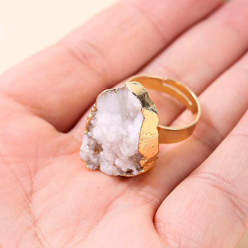 Change Better Irregular Natural White Quartz Cluster Gold Plating Rings Women Geometric Crystal Stone Adjustable Finger Ring