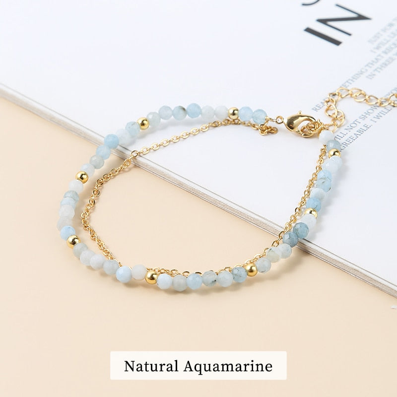 JD 3mm Natural Faceted Rhodochrosite Agate Double Layer Bracelet Women Gold Color Chain Semi-Precious Jewelry Thin Bangles Gifts