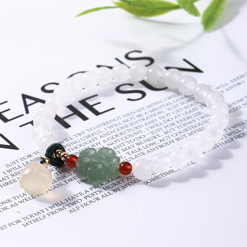 JD Natural White Jade Lotus Bracelet For Women Elegant Trendy Handmade Rope Round Beads Bangles Girls Lucky Charm Wristhand Gift