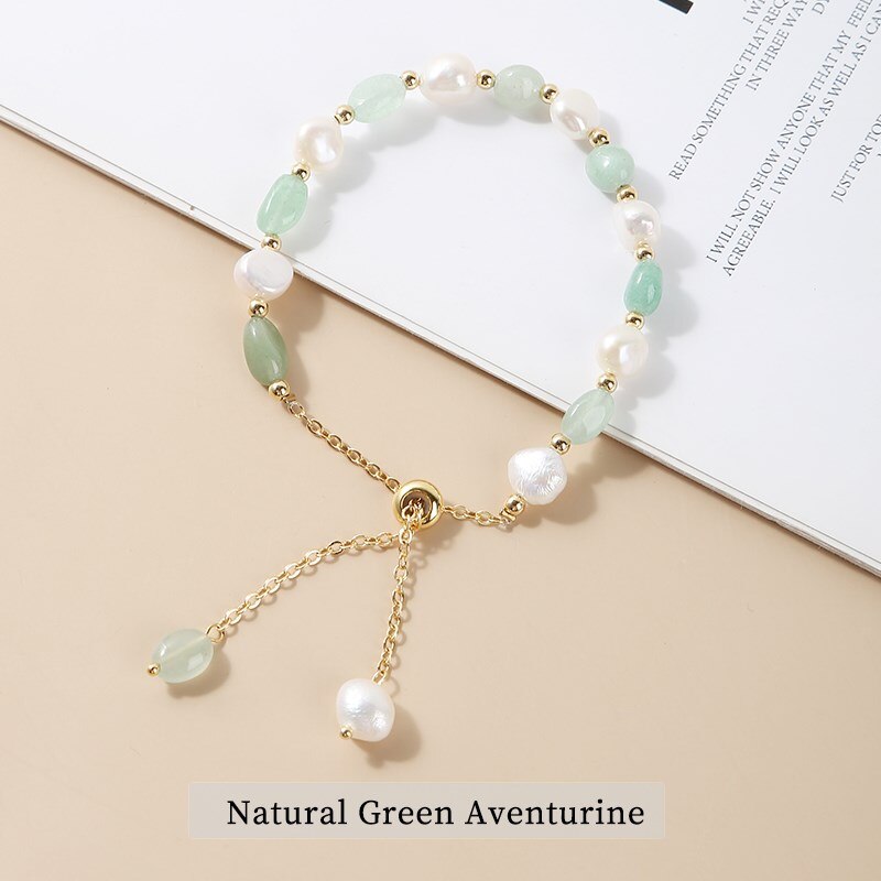 JD Irregular Natural Amethysts Pearl Pendant Bracelet Women Sweet Green Aventurine Gold Color Adjustable Charm Bangles Jewelry