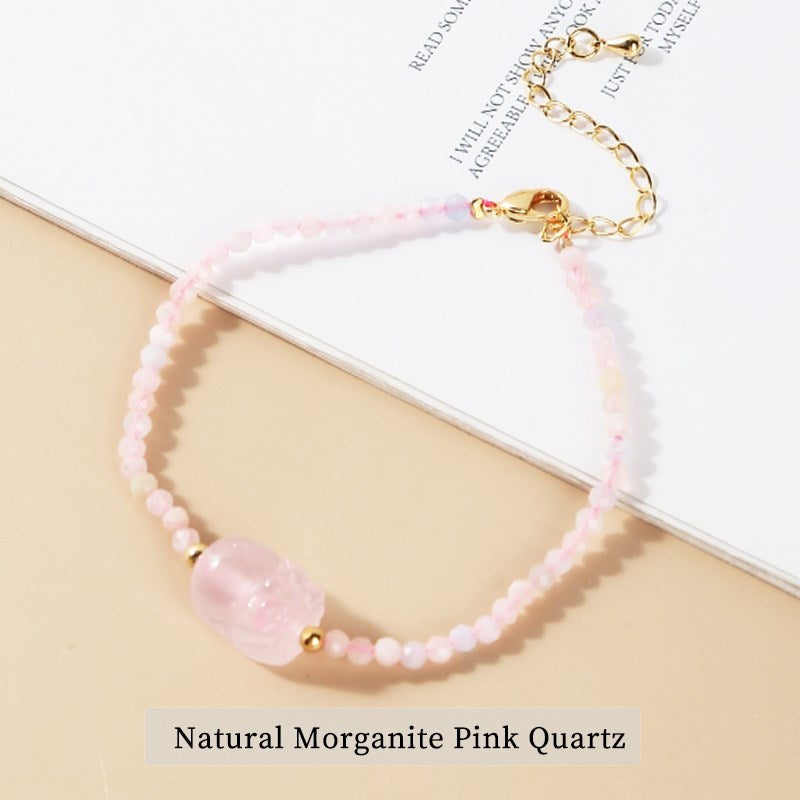 JD 3mm Thin Cute Beads Crystal Pixiu Bracelets Women Trendy Natural Pink Quartz Handmade Gold Color Chain Wrist Jewelry Gifts