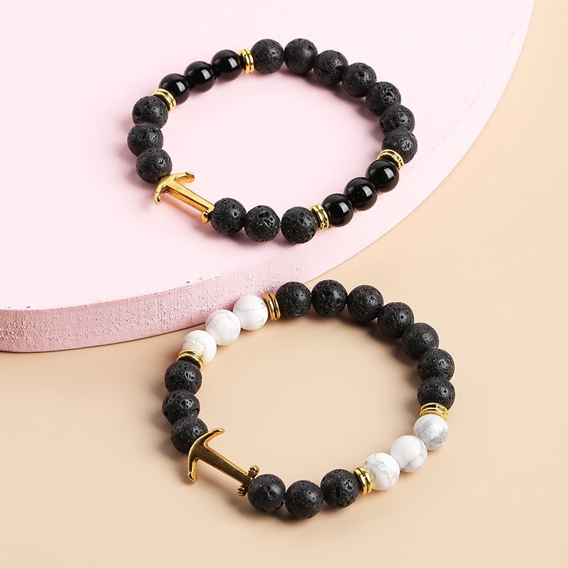 JD Natural Volcanic Stone Gold Color Anchor Bead Bracelets Men Women Round Lava Stone Elastic Strand Bangles Lucky Wrist Jewelry