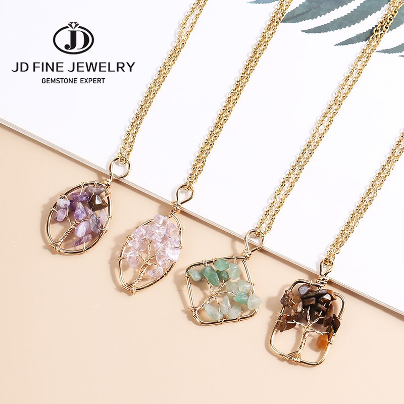 JD Natural Crystal Gravel Beads Tree of Lift Pendant Necklace Reiki Healing Amethysts Chip Stone Braided copper wire Jewelry