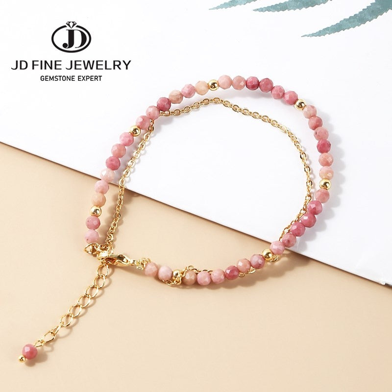 JD 3mm Natural Faceted Rhodochrosite Agate Double Layer Bracelet Women Gold Color Chain Semi-Precious Jewelry Thin Bangles Gifts