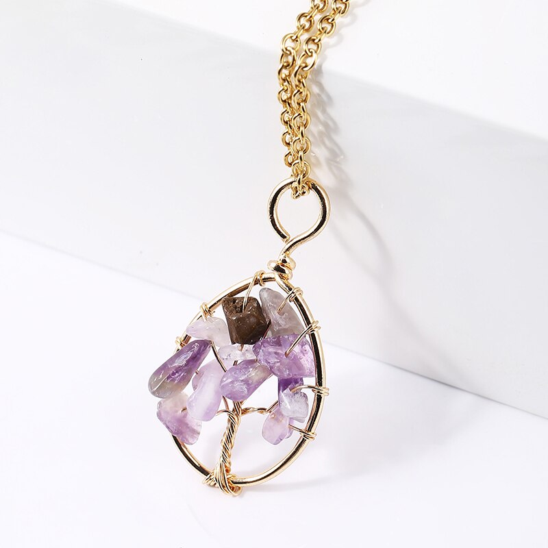 JD Natural Crystal Gravel Beads Tree of Lift Pendant Necklace Reiki Healing Amethysts Chip Stone Braided copper wire Jewelry