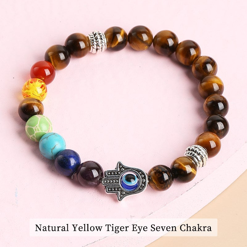 JD Natural Black Lava Stone 7 Chakra Beads Yoga Bracelet Men Women Prayer Fatima Hamsa Hand Charm Tiger Eye Bangles Lucky Gifts