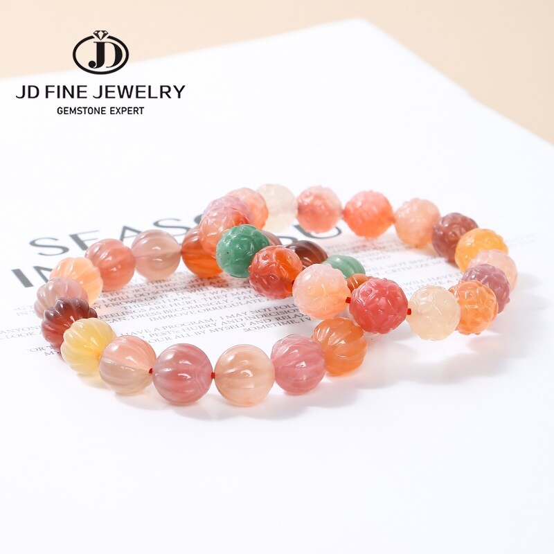 JD Natural Stone Yanyuan Agate Lotus Carved Beads Bracelet Women Lucky Four-Leaf Clover Crystal Healing Bangles Girls Jewelry