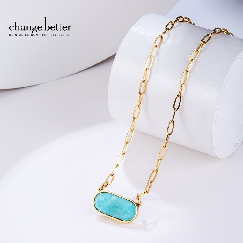 CHANGE BETTER Natural Blue Chalcedony Oval Collar Pendant Necklace Women Gold Color Titanium Steel Elegant Chain Choker Jewelry