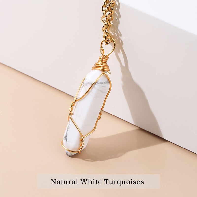 JD 13 Colors Hexagonal Cylindrical Crystal Necklace Natural Stone Pendant Wire Wrap Stone Necklace for Women Men Fashion Jewelry