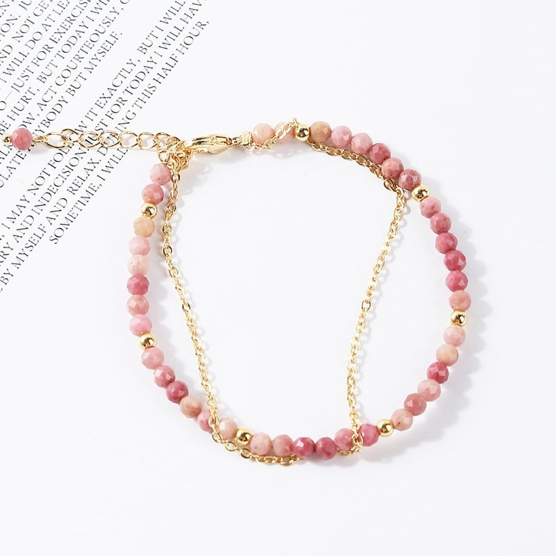 JD 3mm Natural Faceted Rhodochrosite Agate Double Layer Bracelet Women Gold Color Chain Semi-Precious Jewelry Thin Bangles Gifts