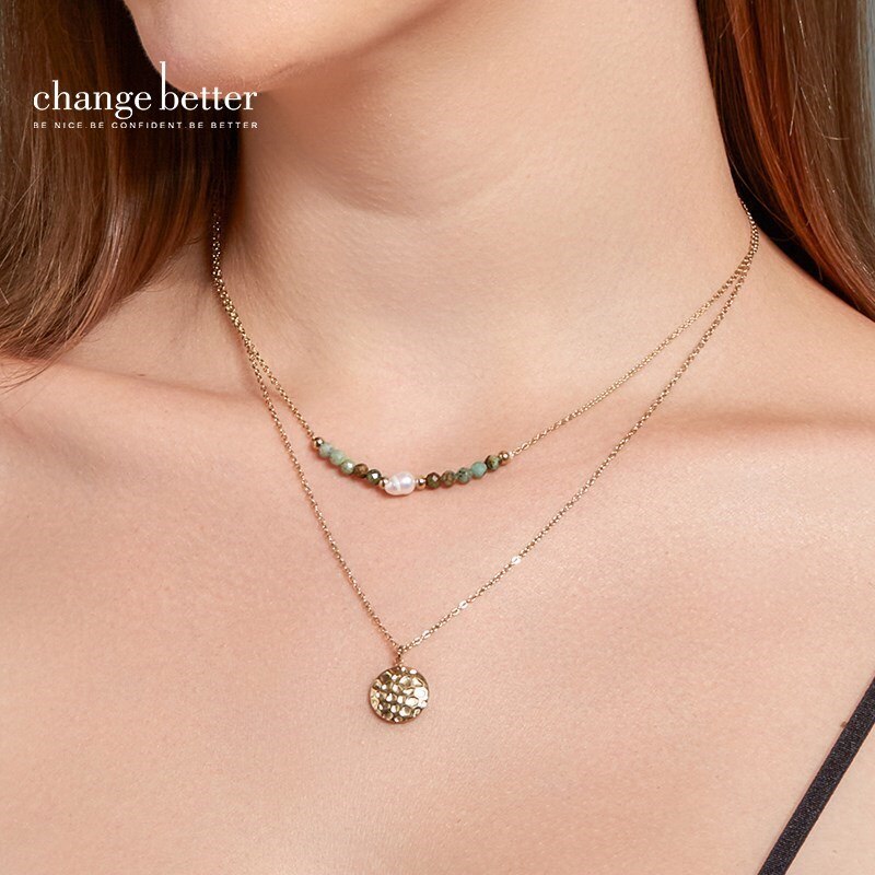 CHANGE BETTER Natural Pearl Bead African Turquoise Round Pendant Necklace Women Trendy Stainless Steel Clavicle Chain Choker