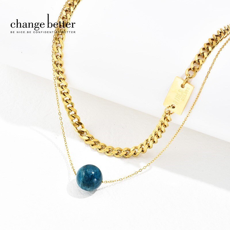 CHANGE BETTER Simple Natural Agate Bead Pendant Necklace For Women Hip Hop Gold Color Stainless Steel Double Chain Choker