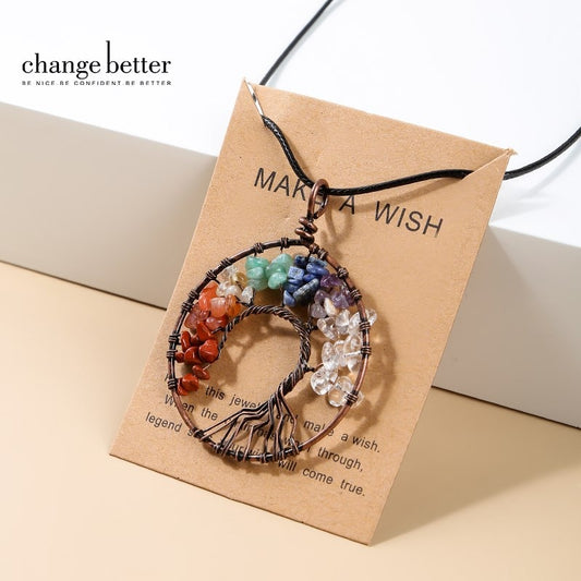 Change Better Natural Stone Chip Beads Treen Of Life Pendant Necklace Quartz Gravel Wrap Handmade Wisdom Healing Energy Jewelry