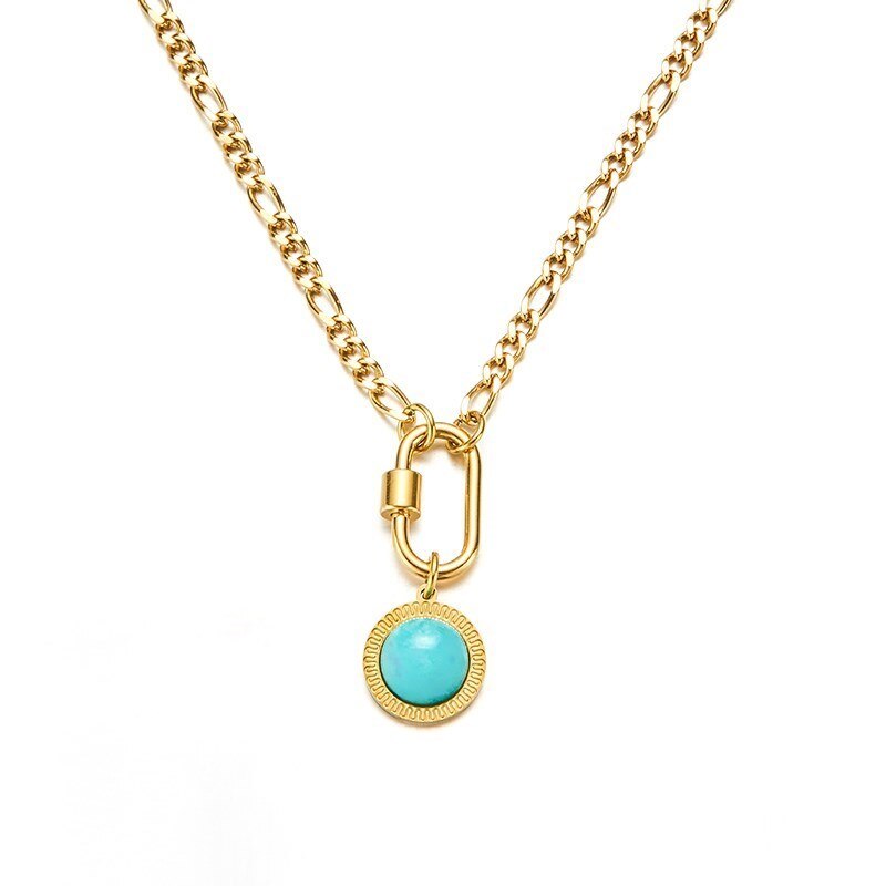 CHANGE BETTER Natural Turquoise Round Bead Pendant Choker Women Gold Color Stainless Steel Chain Stone Necklace Female Jewelry