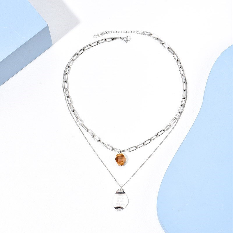 Change Better Hip Hop Stainless Steel Double-layer Clavicle Chain Pendant Necklace Women Natural Tiger Eye Stone Charms Jewelry