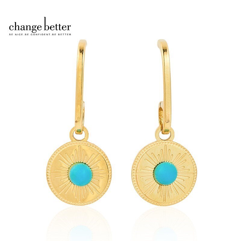 Change Better Natural Green Turquoise Inlay Round Earring Women Bohe Gold Color Titanium Steel Sunshine Drop Ear Studs Jewelry