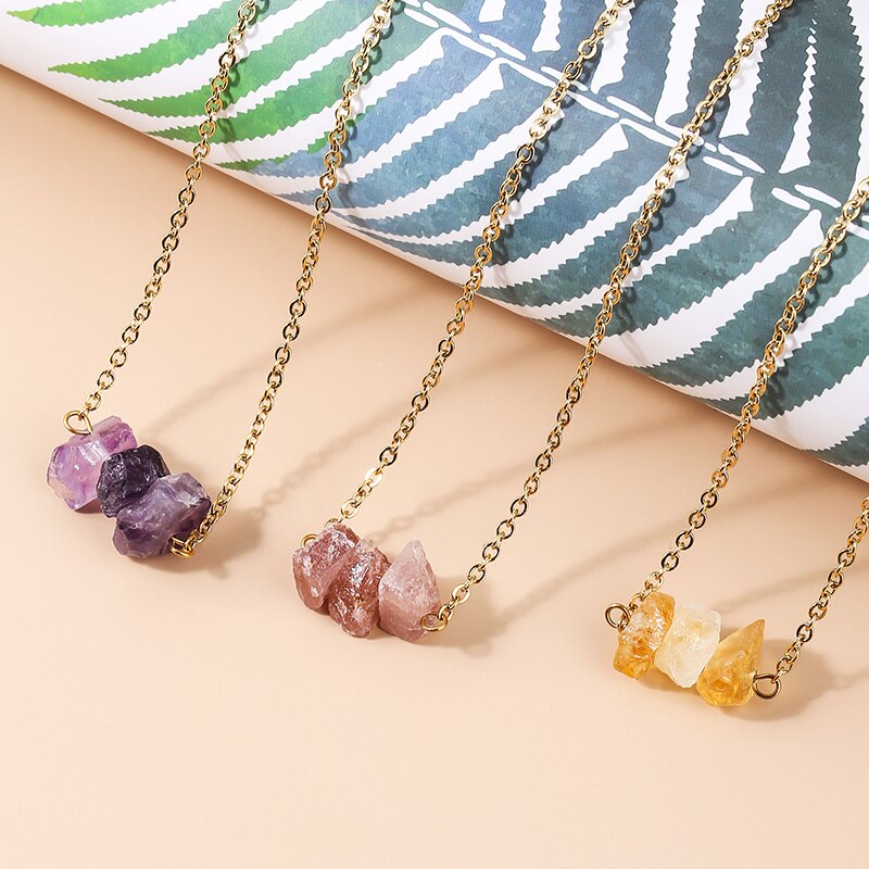 Change Better Natural Raw Stone Pink Quartz Amethyst Dangle Earring Women Rough Citrines Charm Necklace Girls Chain Jewelry Set