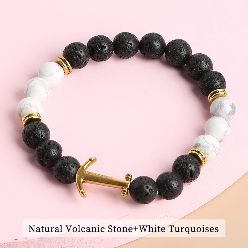 JD Natural Volcanic Stone Gold Color Anchor Bead Bracelets Men Women Round Lava Stone Elastic Strand Bangles Lucky Wrist Jewelry