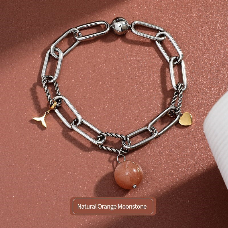 CHANGE BETTER Natural Orange Moonstone Bead Pendant Cable Chain Bracelets Women Stainless Steel Charm Wristband Chain Jewelry