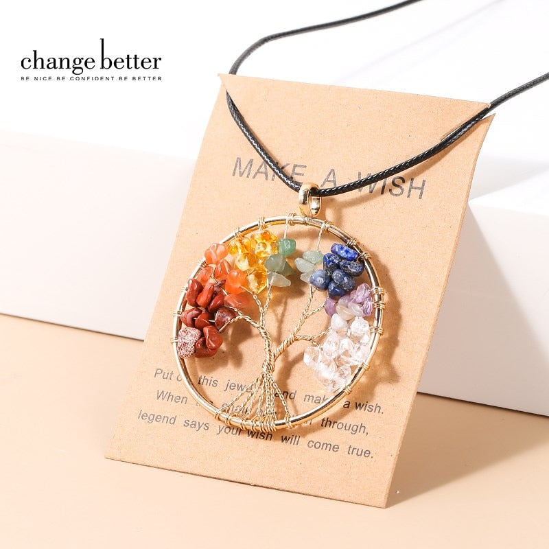 Change Better 7 Chakras Tree Of Life Pendant Necklace Gold Color Wisdom Natural Crystal Chip Beads Handmade Rope Jewelry Gift