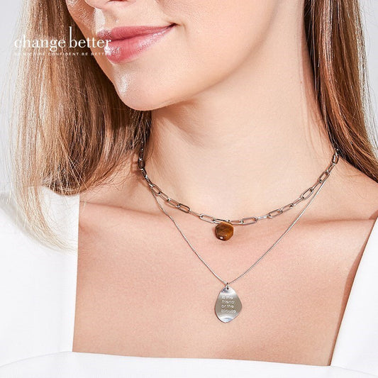 Change Better Hip Hop Stainless Steel Double-layer Clavicle Chain Pendant Necklace Women Natural Tiger Eye Stone Charms Jewelry