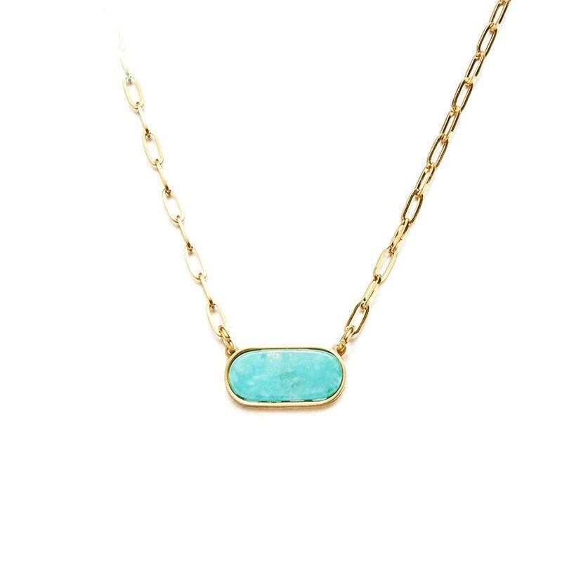 CHANGE BETTER Natural Blue Chalcedony Oval Collar Pendant Necklace Women Gold Color Titanium Steel Elegant Chain Choker Jewelry