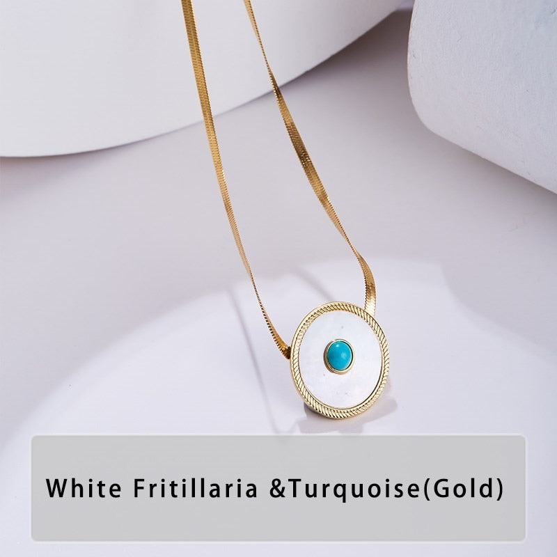 CHANGE BETTER Natural White Shell Turquoise Inlay Round Pendant Necklace Women Gold Plated Chain Choker Female Elegant Jewelry