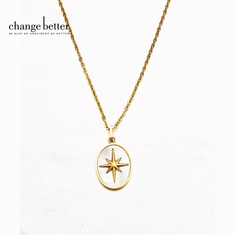 Change Better Natural White Shell Eight-Pointed Star Oval Pendant Necklace Women Bohe Gold Color Titanium Steel Chain Choker