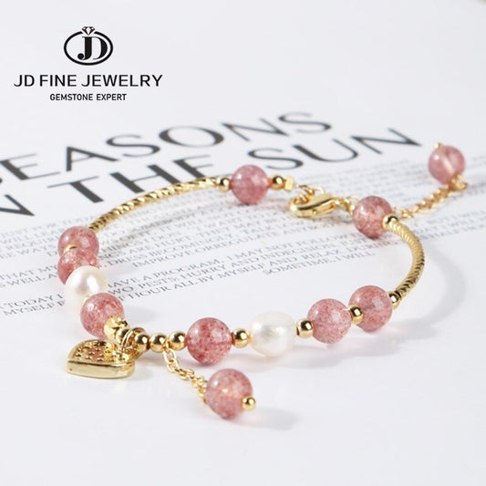 JD Natural Strawberry Quartz Crystal Beaded Bracelets Women Fashion Love Heart Gold Color Stainless Steel Crystal Bangles Gifts