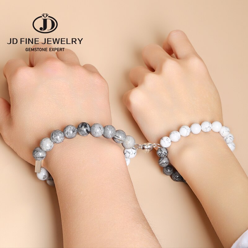 JD Couple Bracelet Natural White Turquoise Map Stone 8mm Magnet Clasp For Dear Valentine's Day Gift Bracelet Jewelry