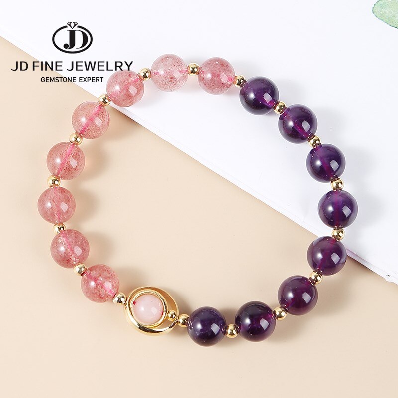 JD Natural Amethysts Strawberry Quartz Women Bracelets Gold Color Round Beads Crystal Bangles Female Fashion Jewelry Gifts