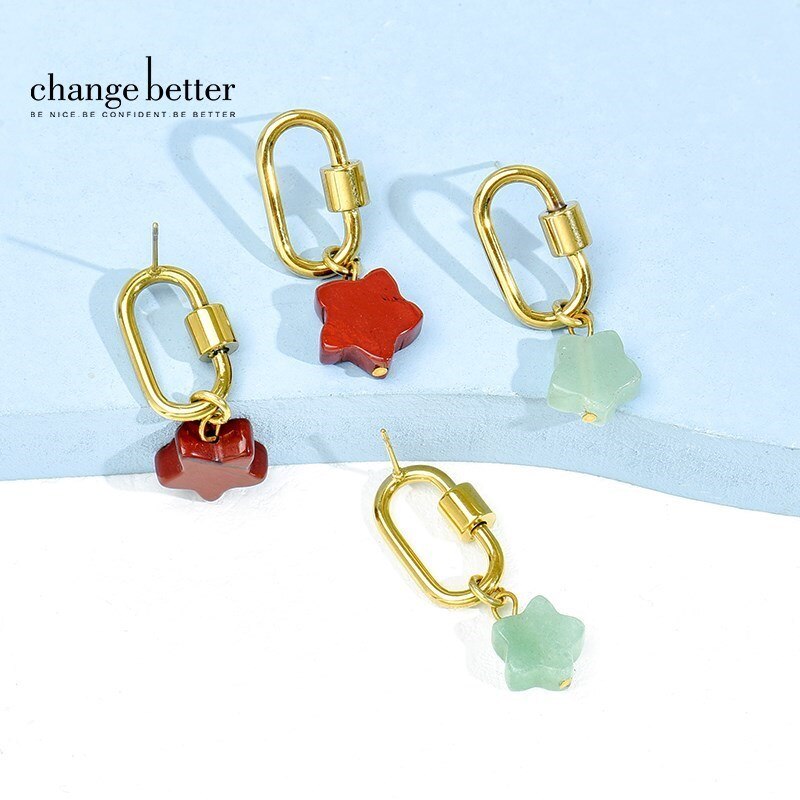 Change Better Natural Stone Aventurine Red Jasper Star Shape Drop Earrings Women Trendy Gold Color Stainless Steel Hoop Ear Stud