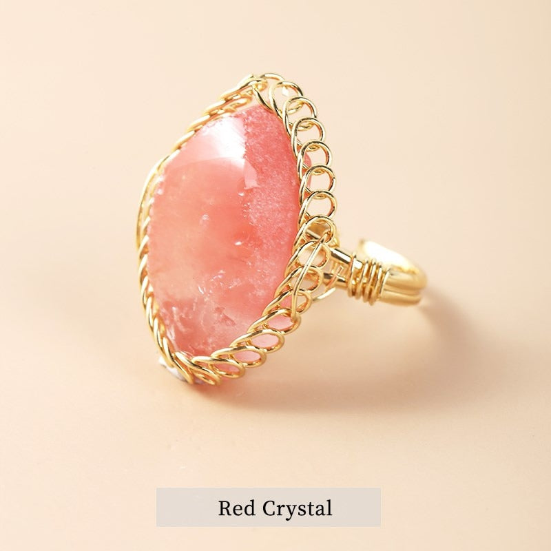 JD Natural Crystal Stone Rough Pink Quartz Braided Copper Wire Ring Women Bohe Irregular Amethysts Gold Color Adjusable Rings