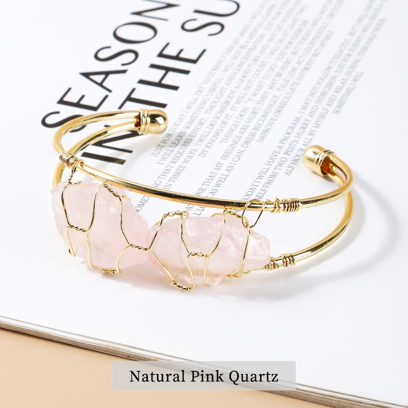 JD Natural Stone Amethysts Pink Quartz Bangles Women Bohemia Rough Ore Mineral Cuff Copper Bracelet Gold Color Wire Wrap Jewelry