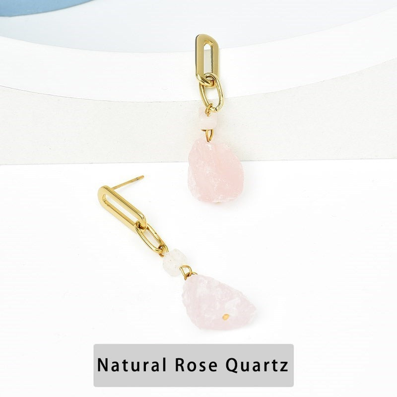 Change Better Natural Rose Quartz Rough Stone Dangle Earring Women Bohe Stainless Steel Raw Crystal Hoop Ear Stud Jewelry Gift