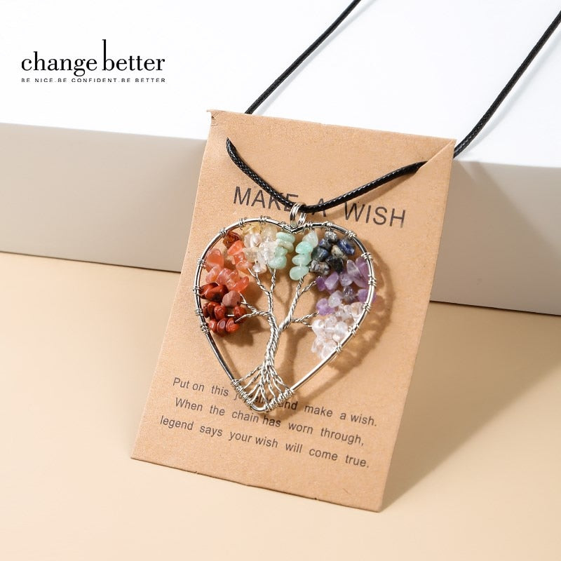 Change Better 7 Chakras Wisdom Tree Of Life Pendant Necklace Women Natural Crystal Chip Beads Wrap Heart Energy Jewelry Gifts