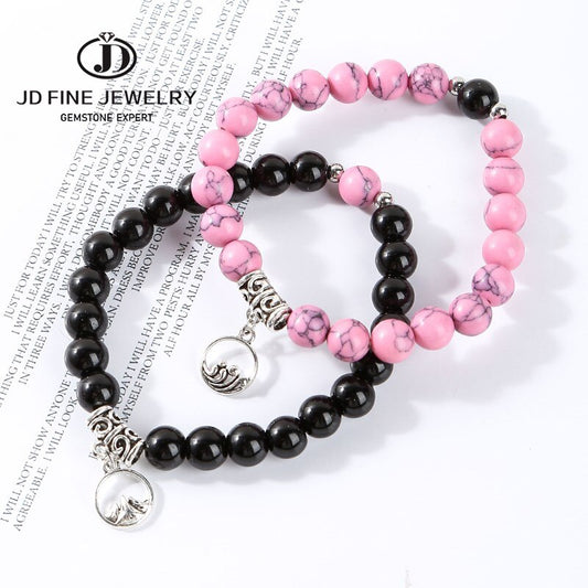 JD 2Pcs/Set Pink Turquoises Vows Of Eternal Couple Bracelets Men Women Fashion Mountain Sea Charms Bangles Lovers Jewelry Gifts