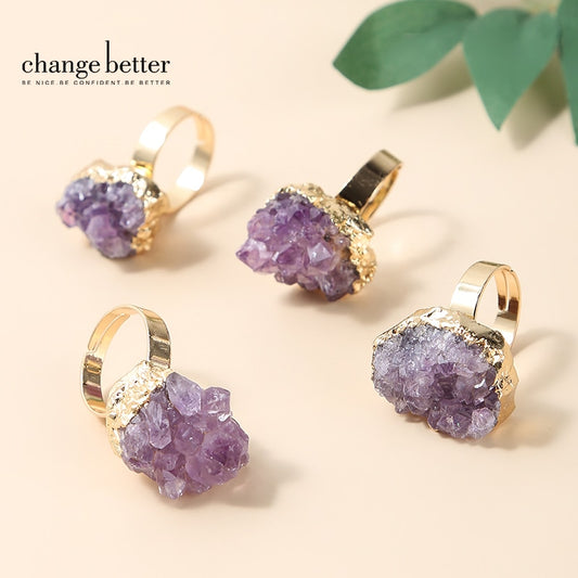 Change Better Irregular Natural Amethyst Cluster Rough Stone Gold Plating Open Rings Women Reiki Healing Adjustable Party Gifts