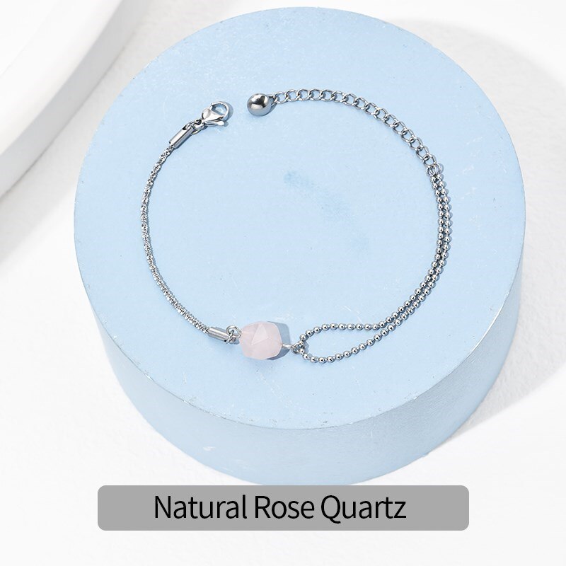 Change Better Natural Stone Faceted Rose Quartz Bead Chain Bracelet Women Fashion Silver Color Stainless Steel Simple Bangles