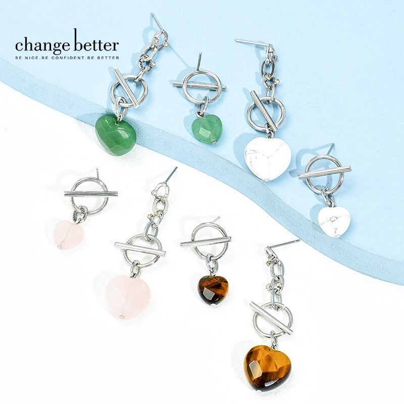 Change Better Natural Gemstone Faceted Heart Shape Drop Earrings Women Girls Love Personality Fashion Wild Asymmetric Jewelry